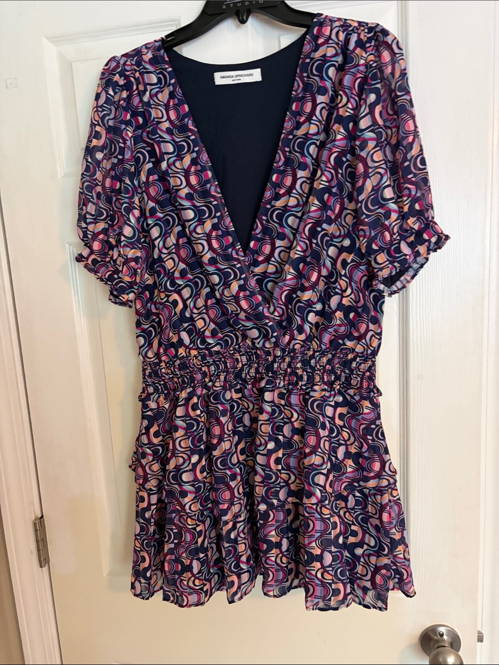 Amanda Uprichard Adriel Navy, Pink & Cream Abstract Surplice Dress size large